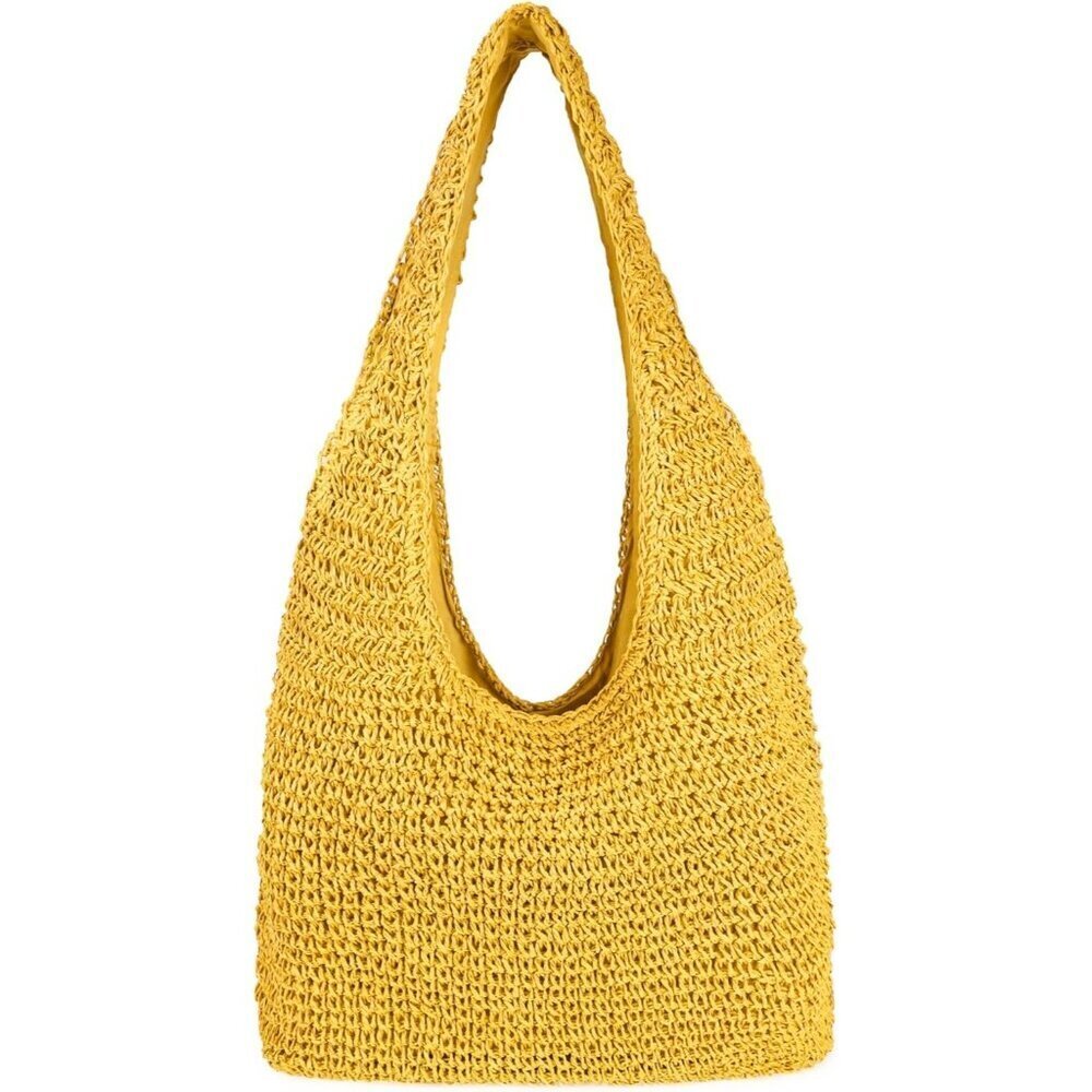 Women's Yellow Large Straw Beach Bag Handmade Woven Shoulder Hobo Tote Handbag